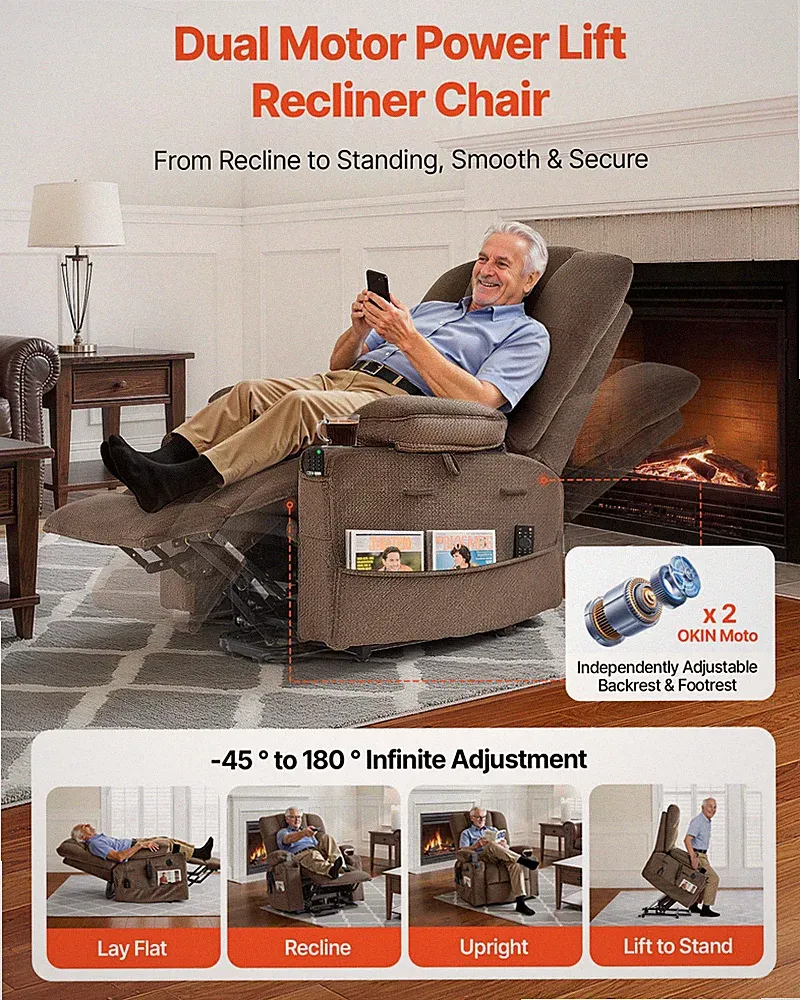 Large Dual Motor Power Lift Recliner Heat Massage Velvet Brown
