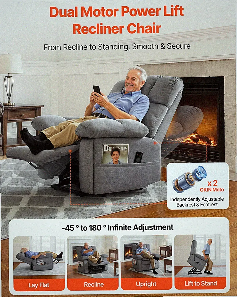 Oversized Dual Motor Power Lift Recliner Chair Heat Massage Gray