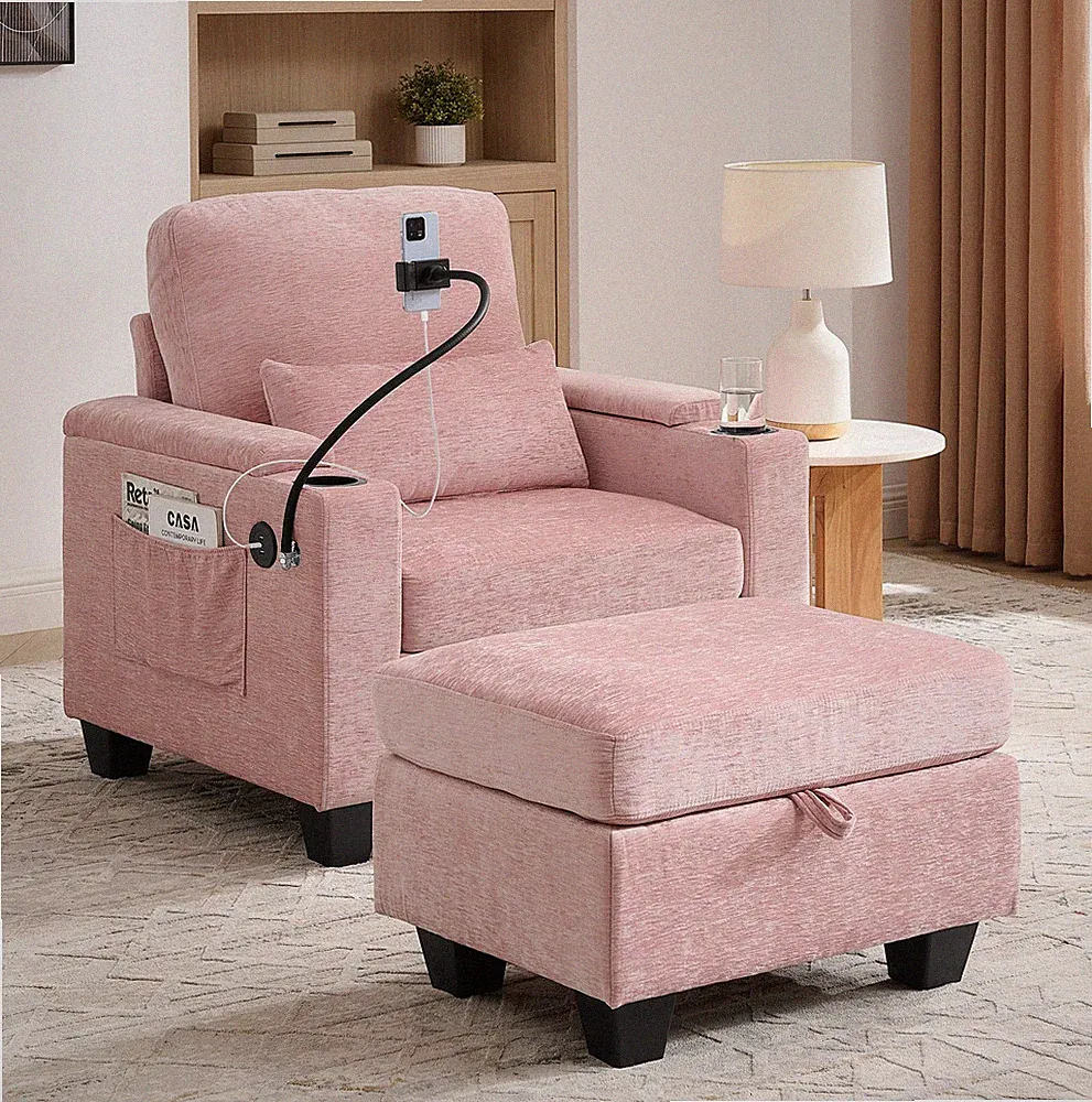 Single sofa recliner with manually adjustable backrest, USB charging port on